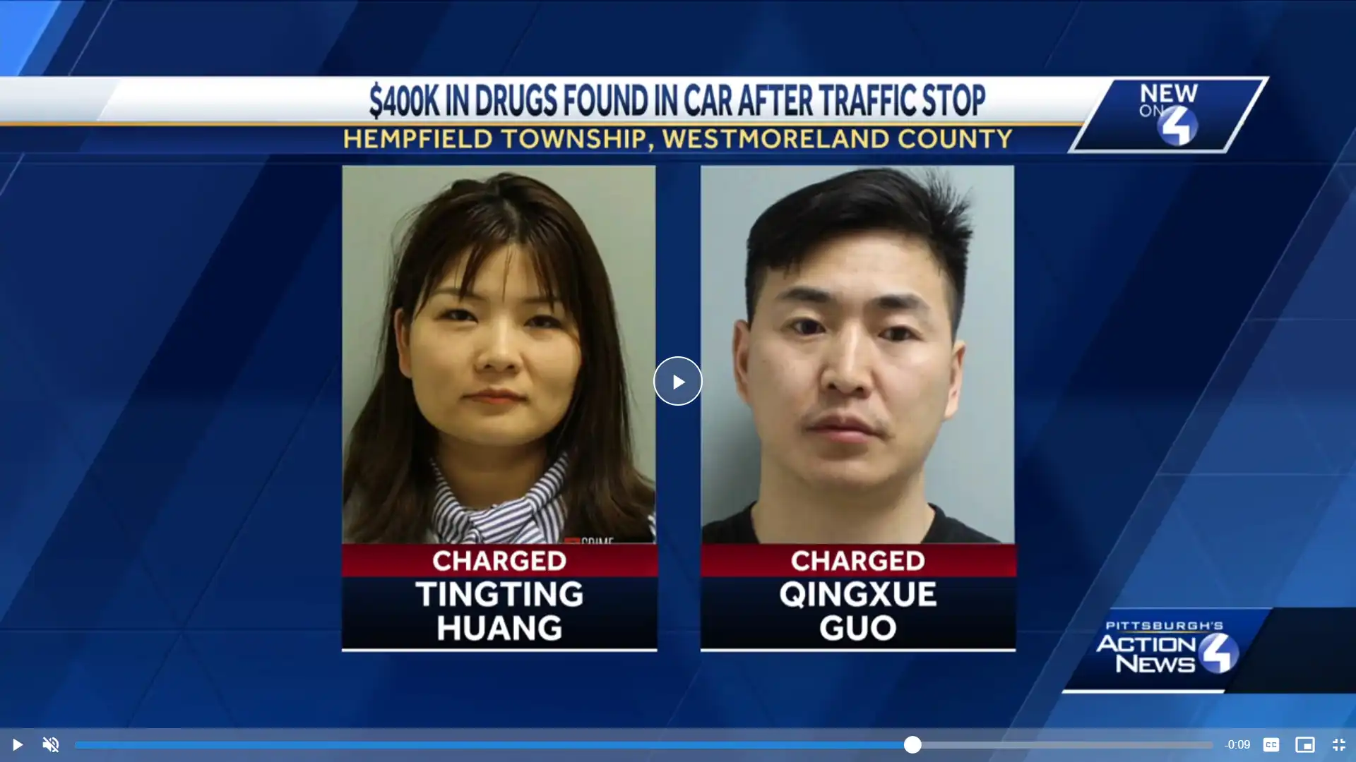 『Qingxue Guo, 42, of Texas, and Tingting Huang, 33 2024.3.13』宾夕法尼亚州亨普菲尔德镇 — 警方在宾夕法尼亚州收费公路的一个交通堵塞期间在车内发现了近 300 磅大麻，两人面临指控。州警方表示，交通堵塞周一发生在亨普菲尔德镇。警方表示，他们将车辆停在路边，并使用 K9 检查车辆。警方在里面发现了273磅大麻和两把手枪。42 岁的德克萨斯州郭庆雪和 33 岁的黄婷婷均面临多项指控。